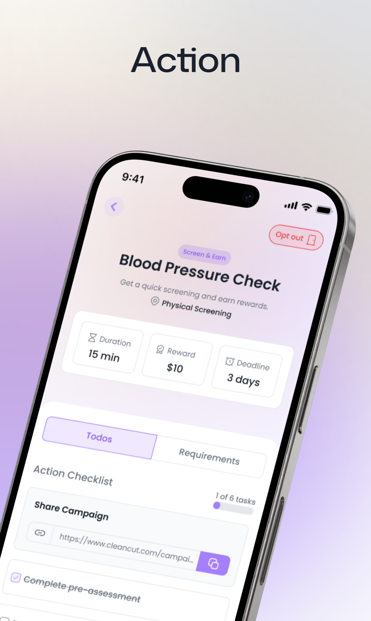 Member app — blood pressure check action checklist and rewards