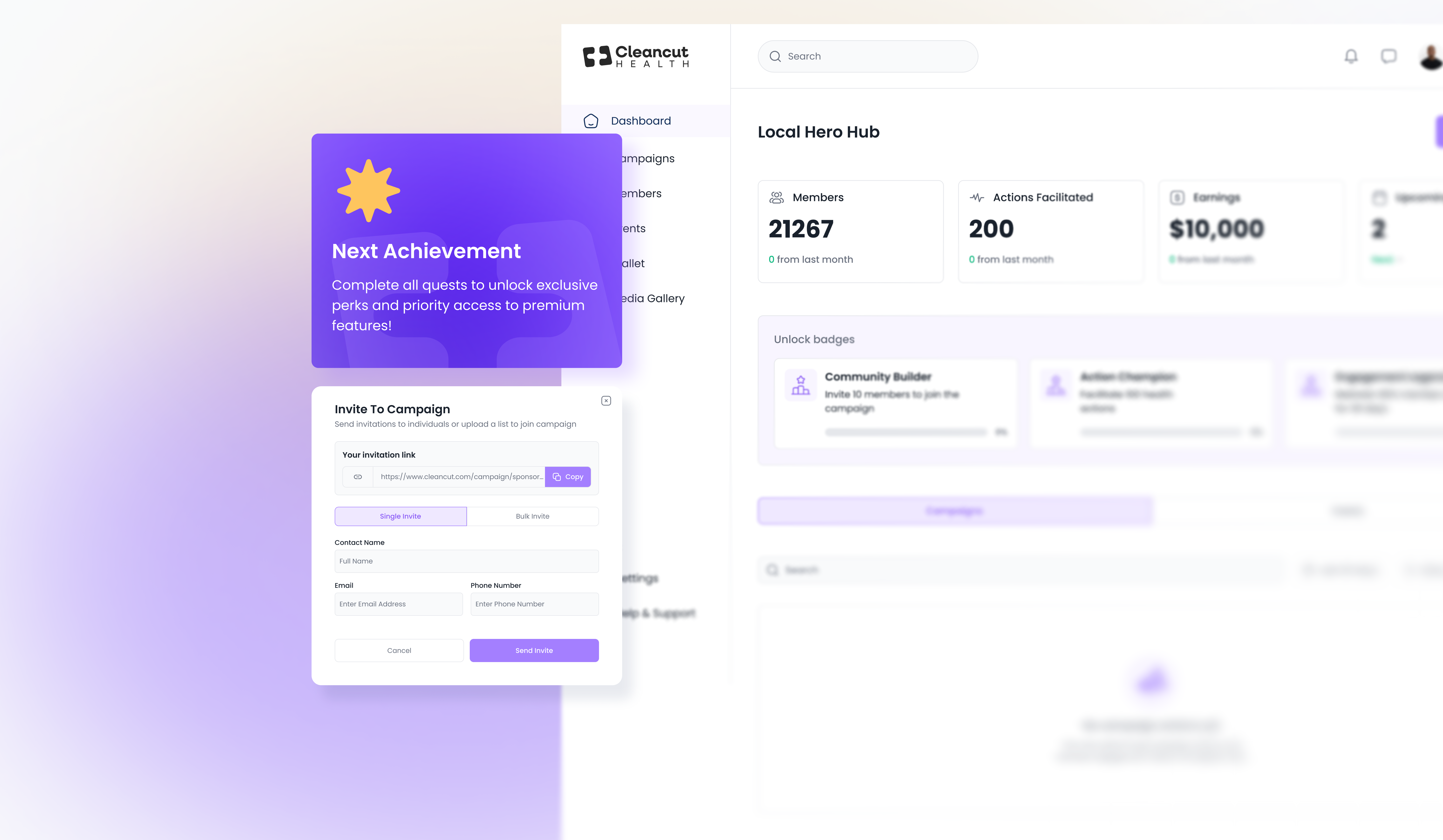 CBO Partner — Local Hero Hub dashboard with invite-to-campaign modal