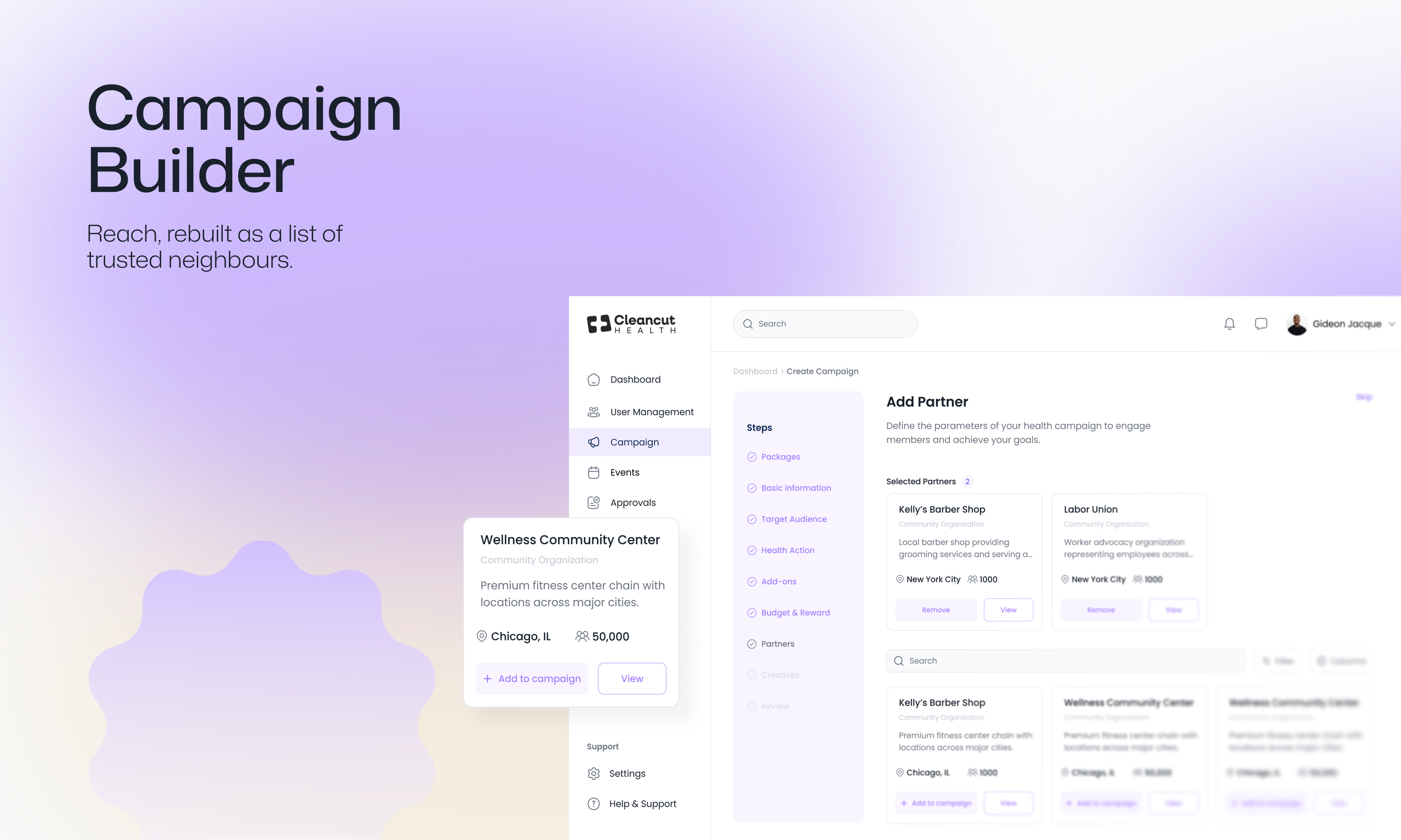 Campaign Builder — add partner step with selected community partners and partner card detail