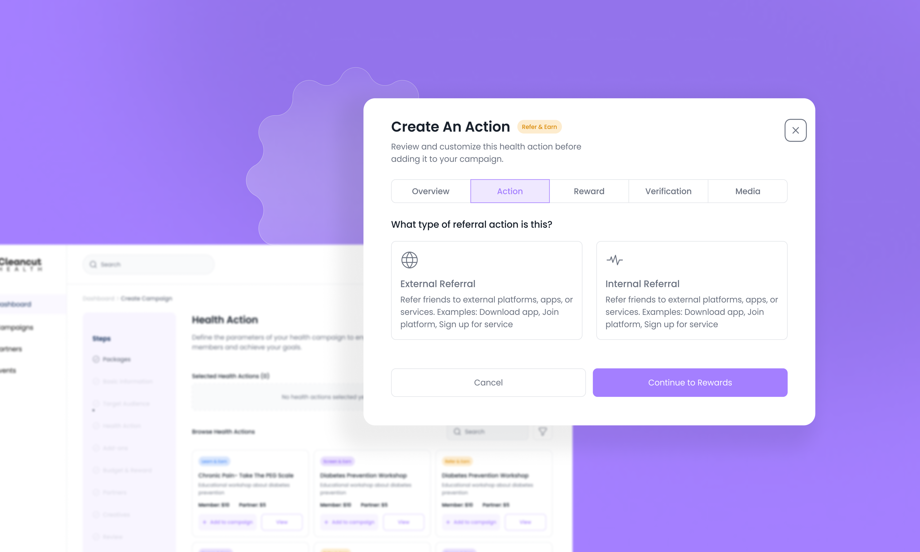 Campaign builder — create action modal with referral type selection