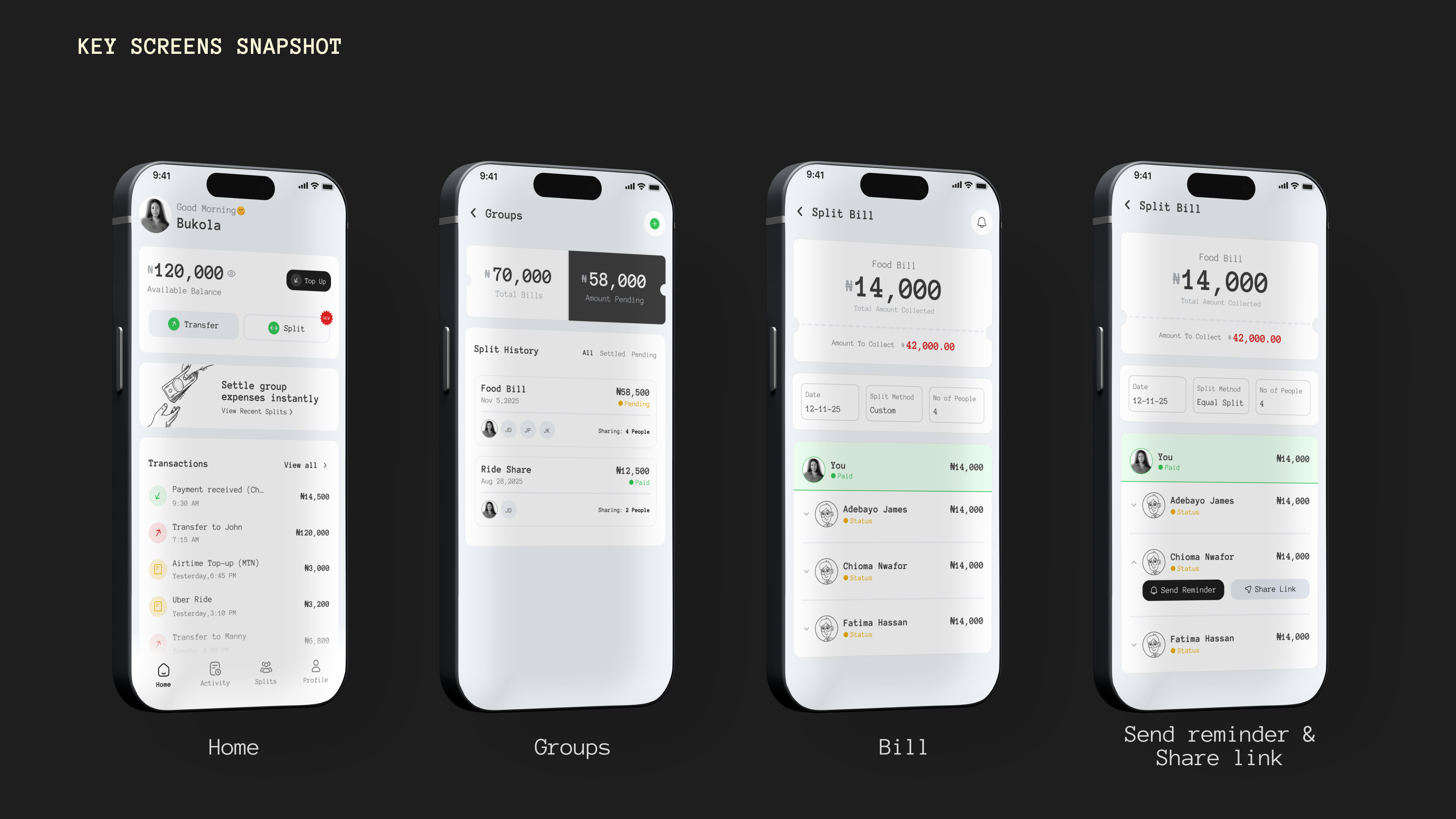 Key screens — home, groups, bill detail, and send reminder