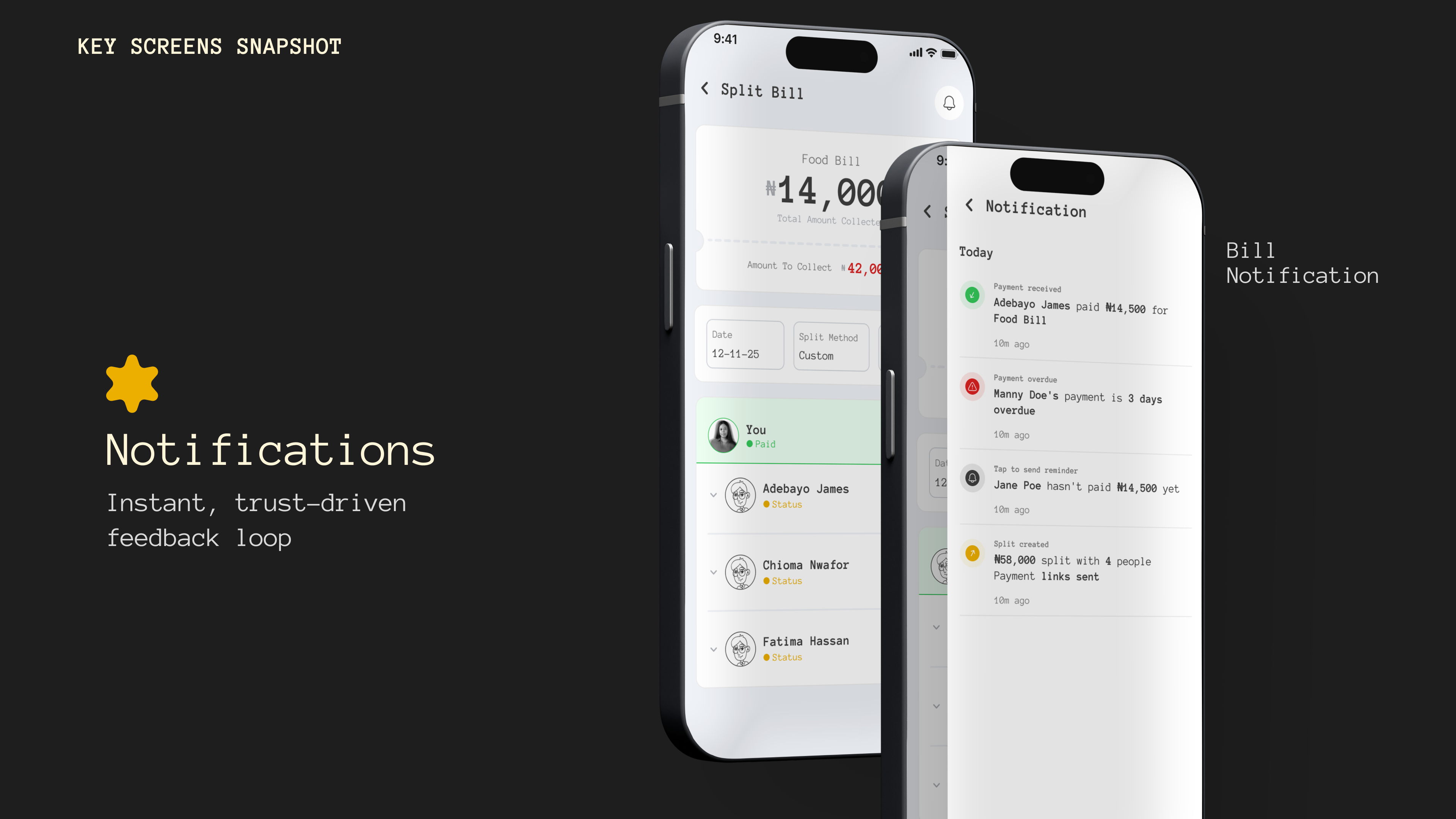 Split Bill — notifications for payments, overdue reminders, and split status