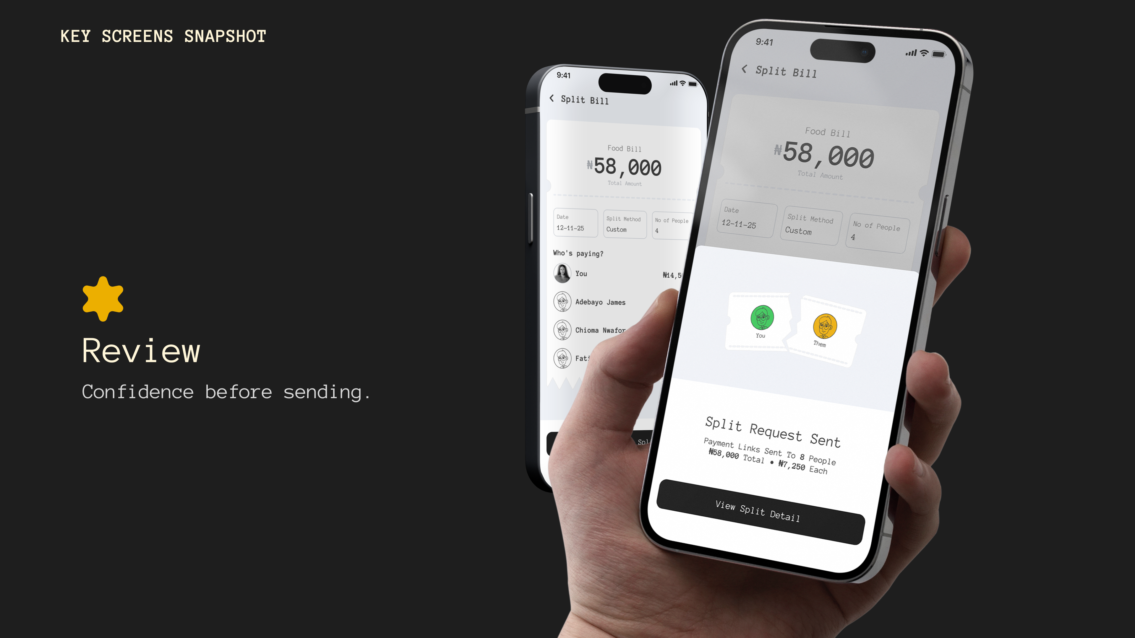 Split Bill — review and confirmation before sending payment links