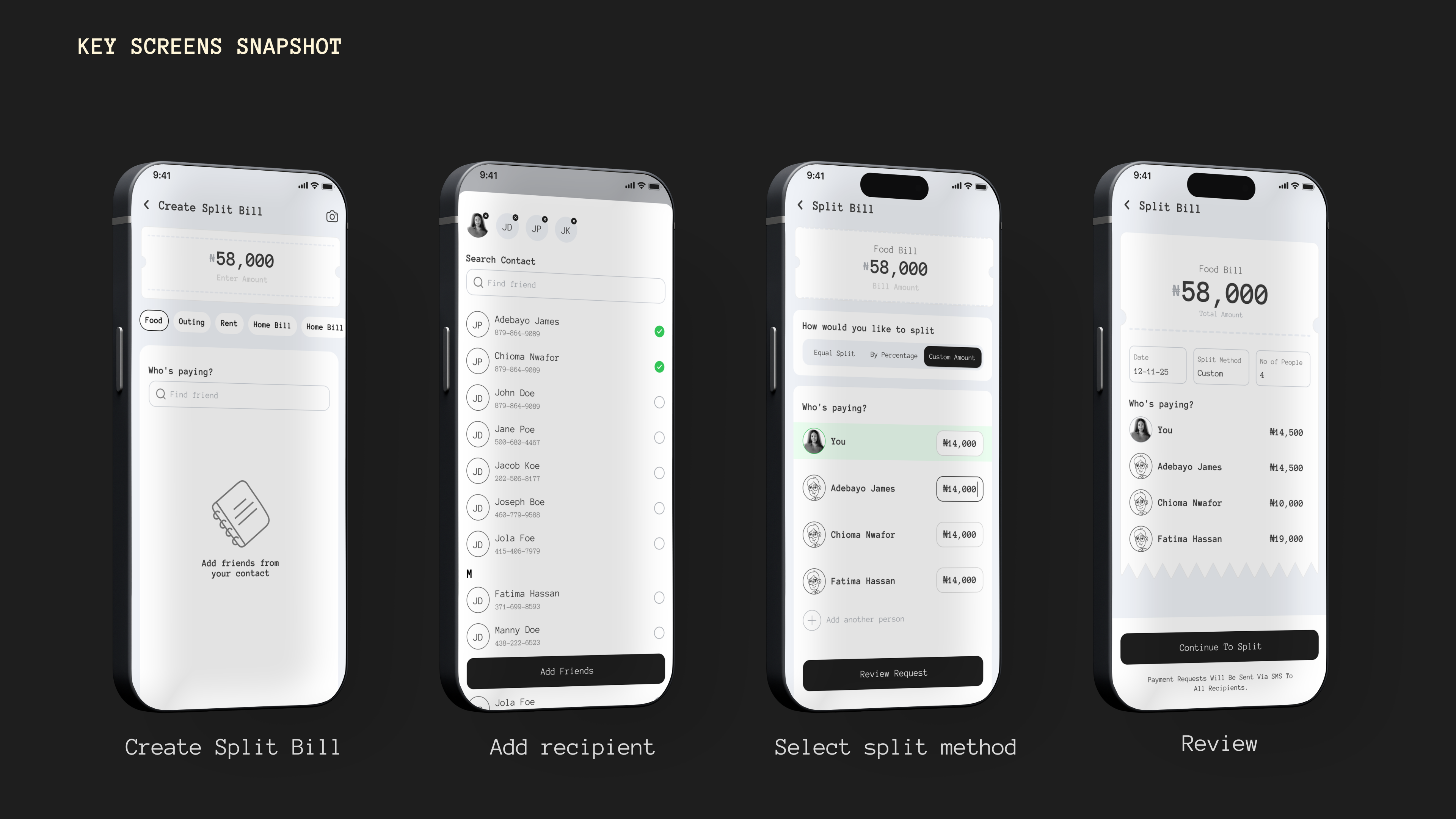 Key screens — create split bill, add recipients, select method, and review