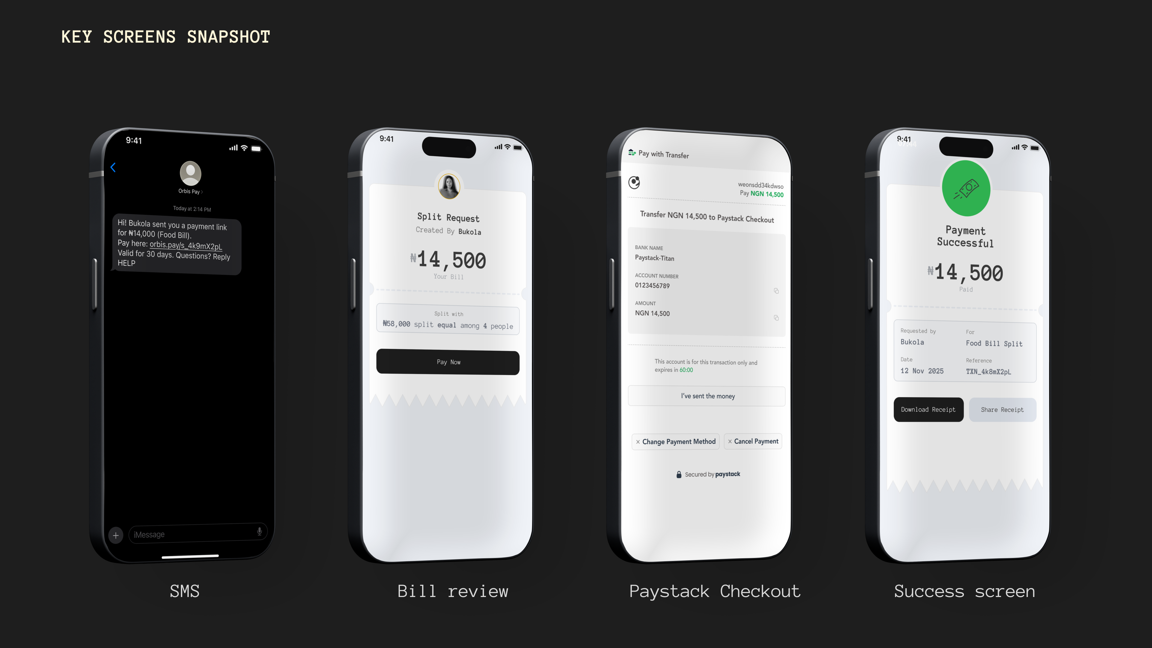 Recipient payment flow — SMS, bill review, Paystack checkout, and success