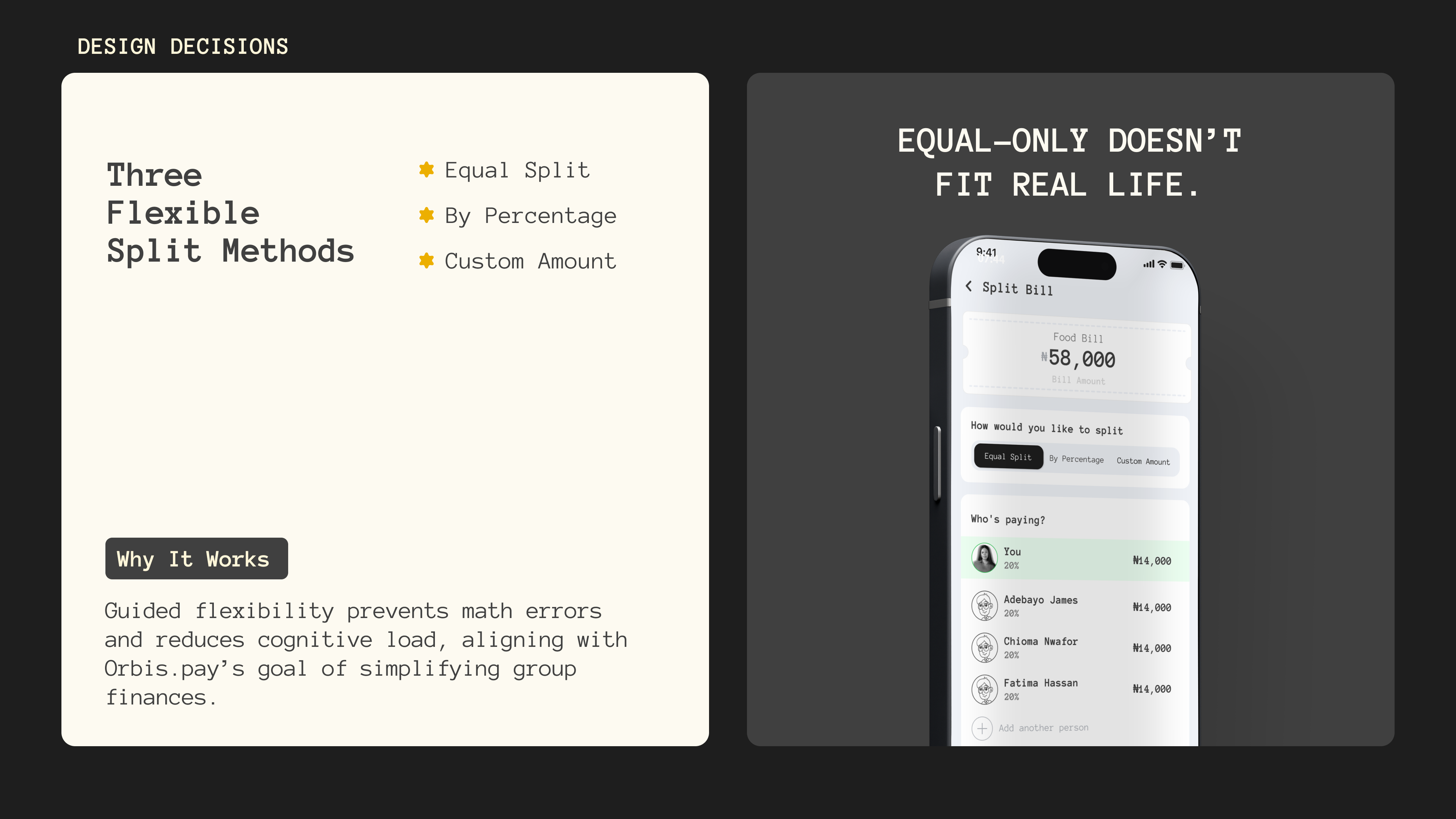 Design decision — three flexible split methods